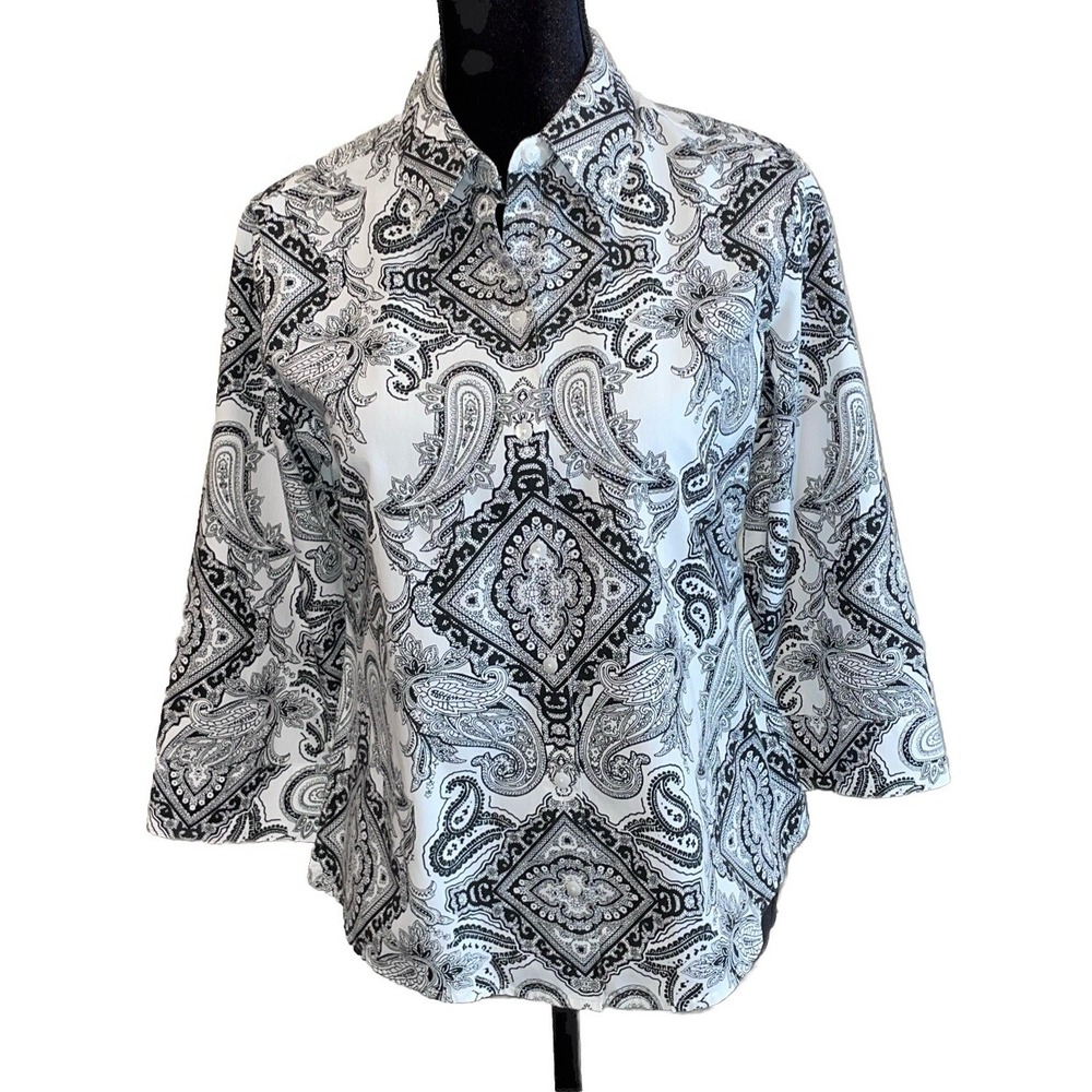 Foxcroft Womens 10P Button Up Shirt Black White Paisley Career Preppy Chic